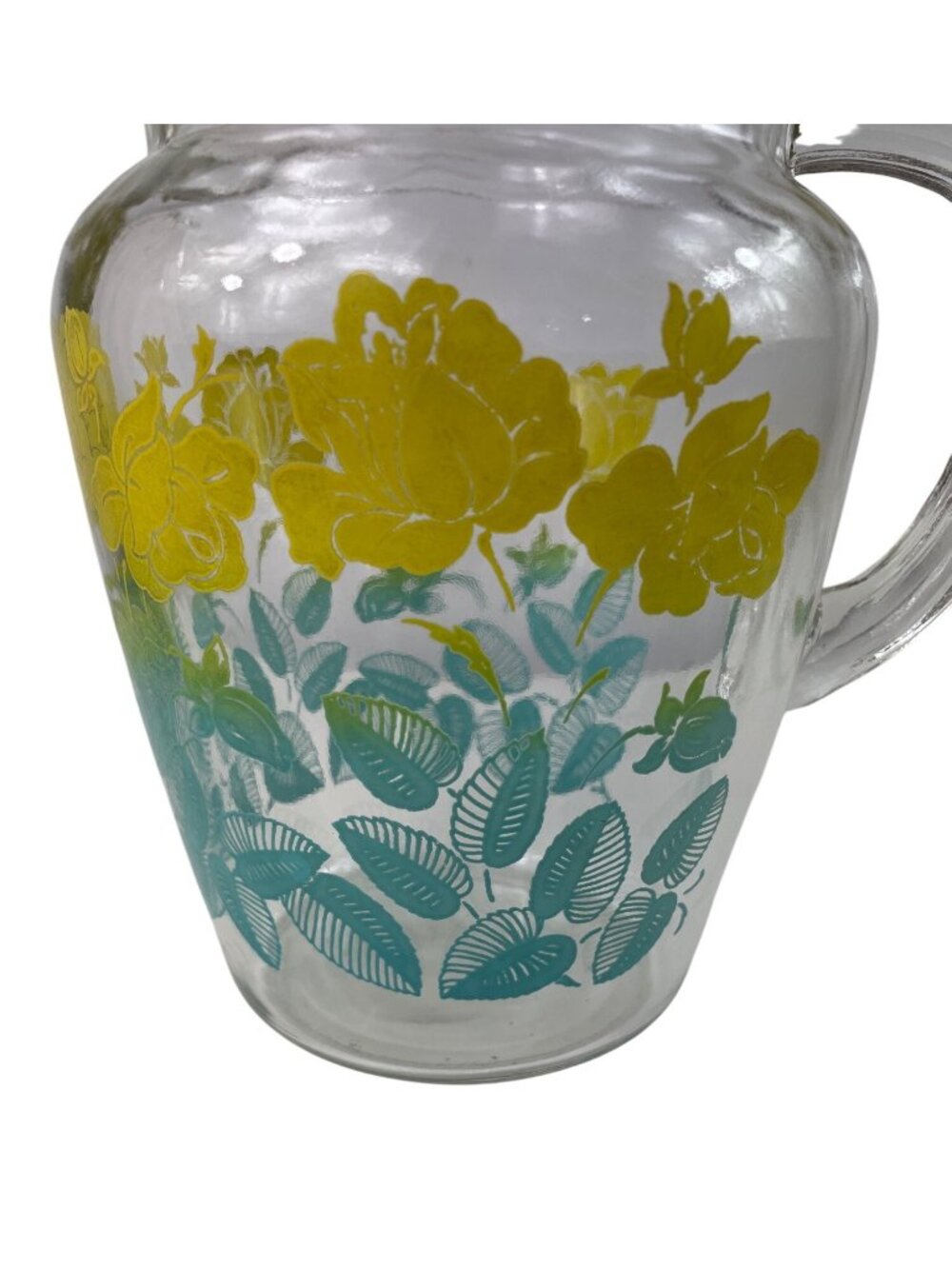 Vintage Federal Glass Pitcher Yellow Flowers Green Leaves Ice Lip Pour Spout - Picture 2 of 12